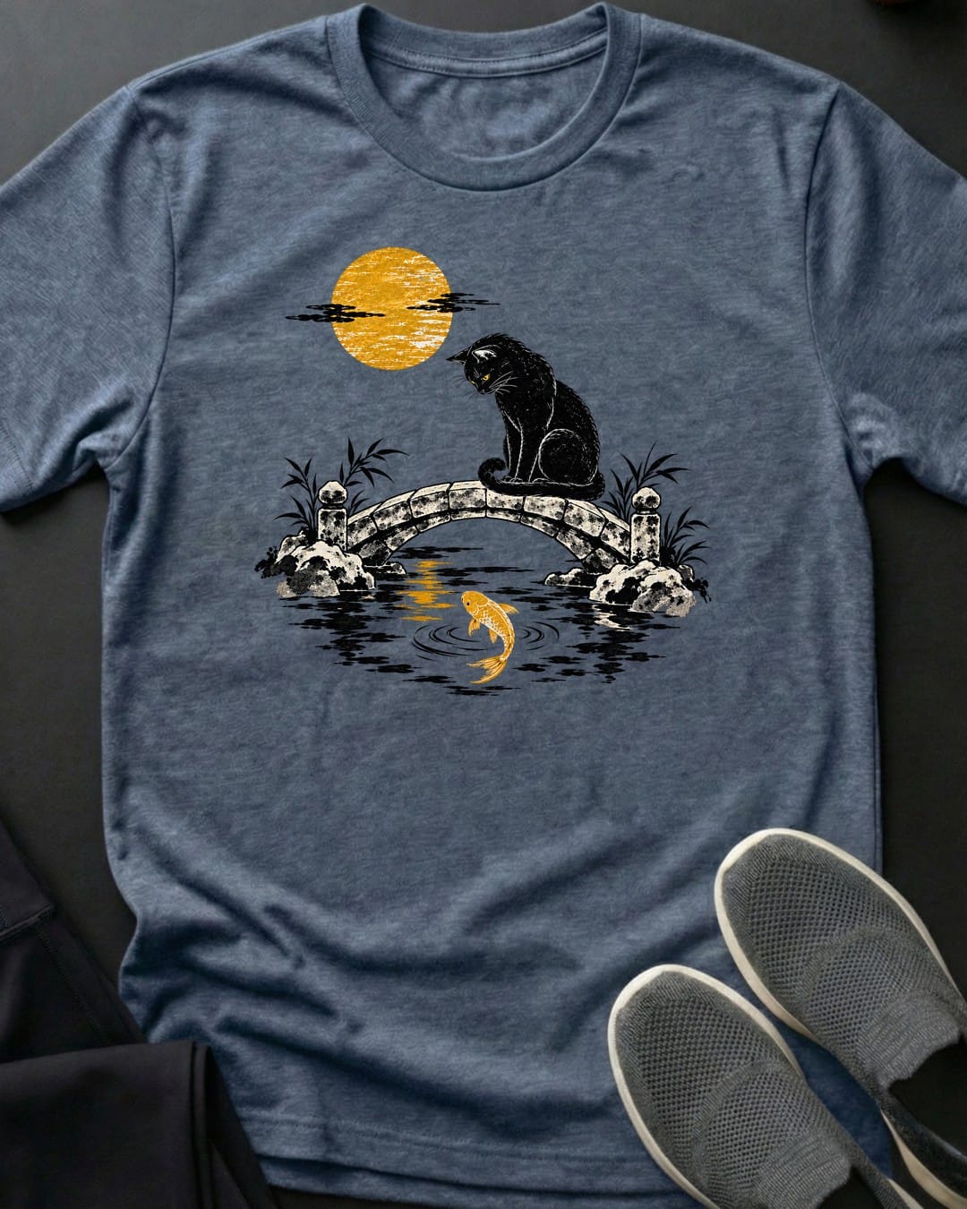 Moon Bridge Cat Tee in Heather Indigo