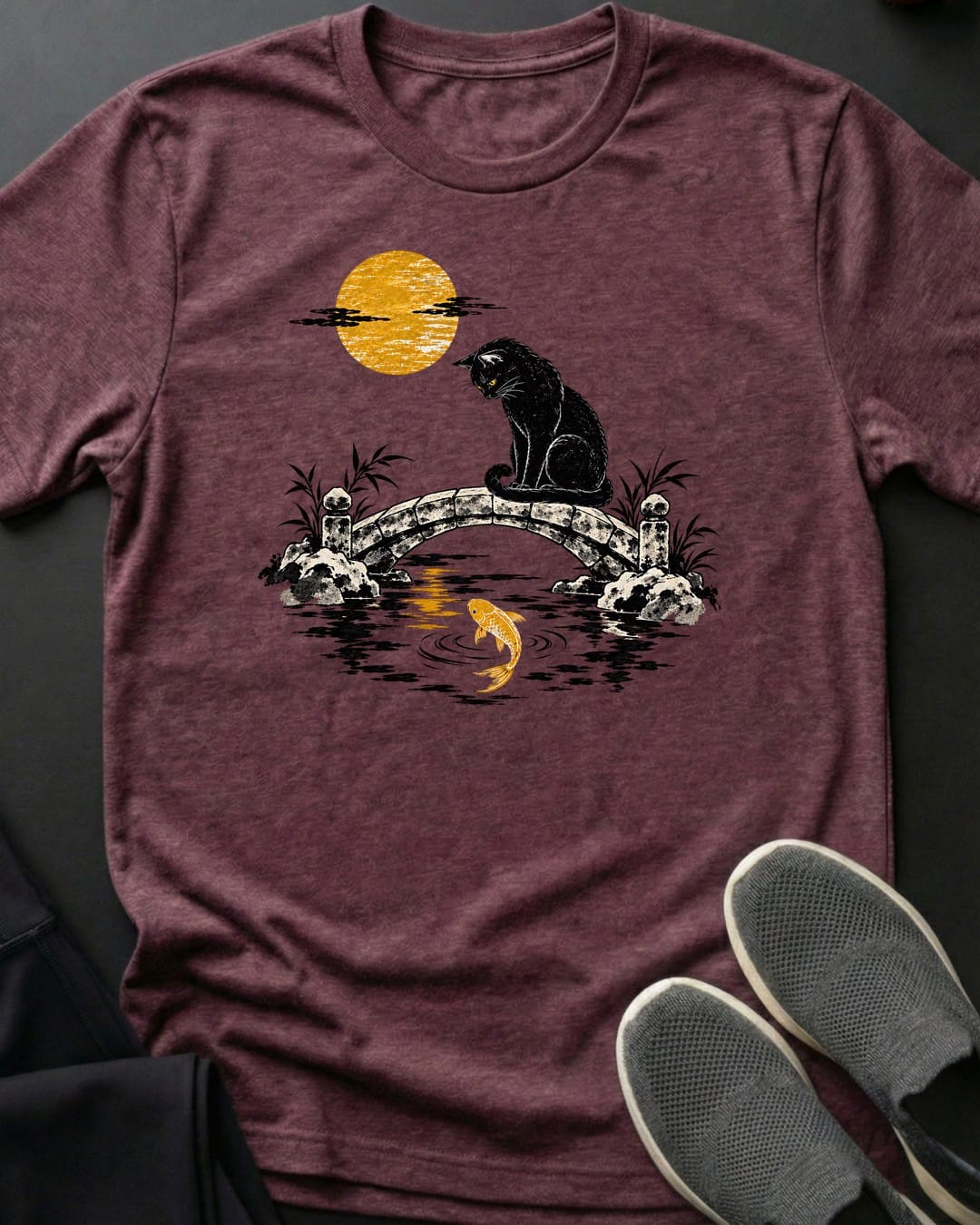 Moon Bridge Cat Tee in Heather Maroon