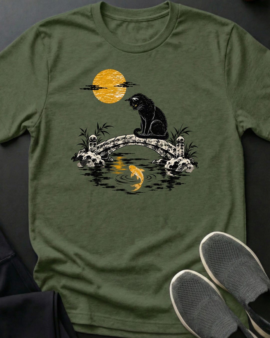 Moon Bridge Cat Tee in Military Green