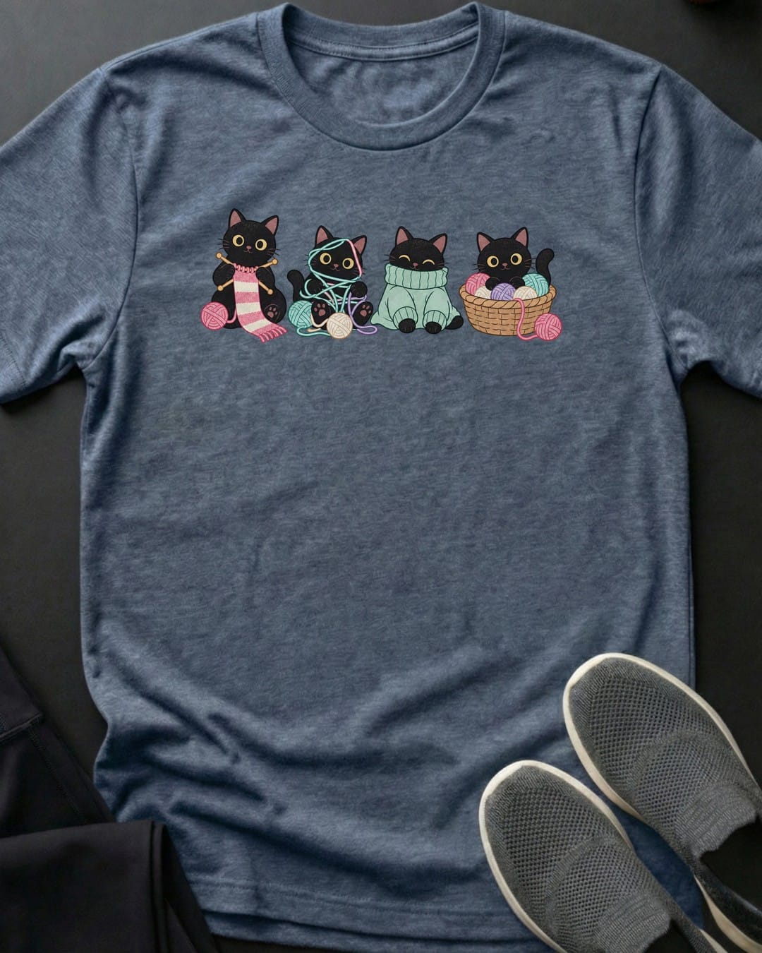 Knitting Cats Tee in Heather Indigo