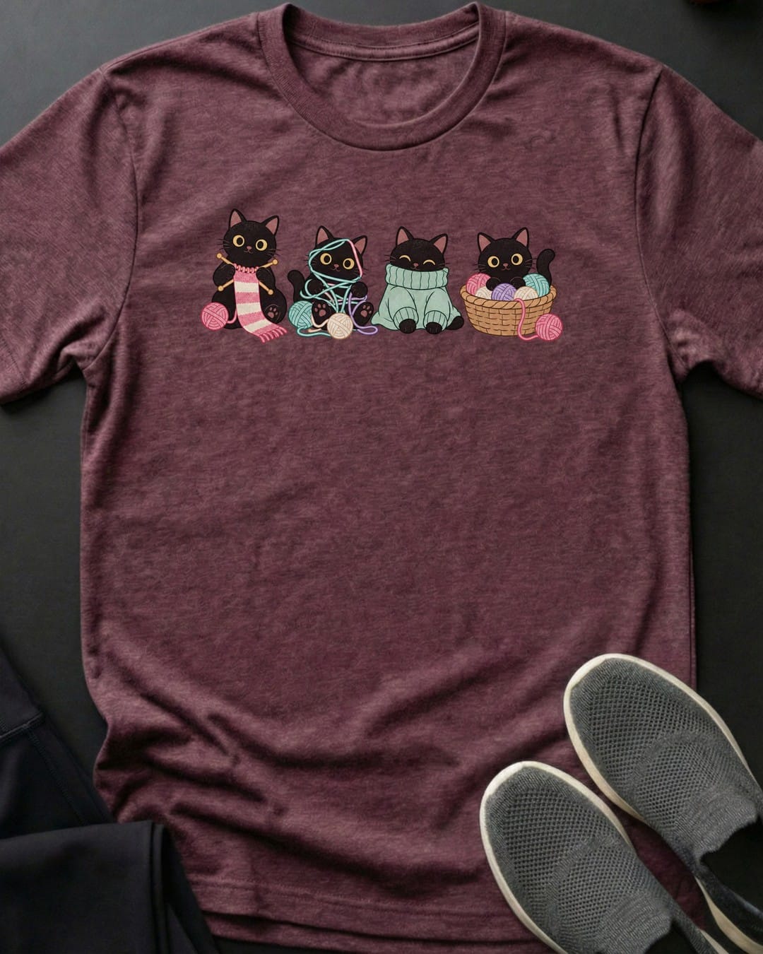 Knitting Cats Tee in Heather Maroon