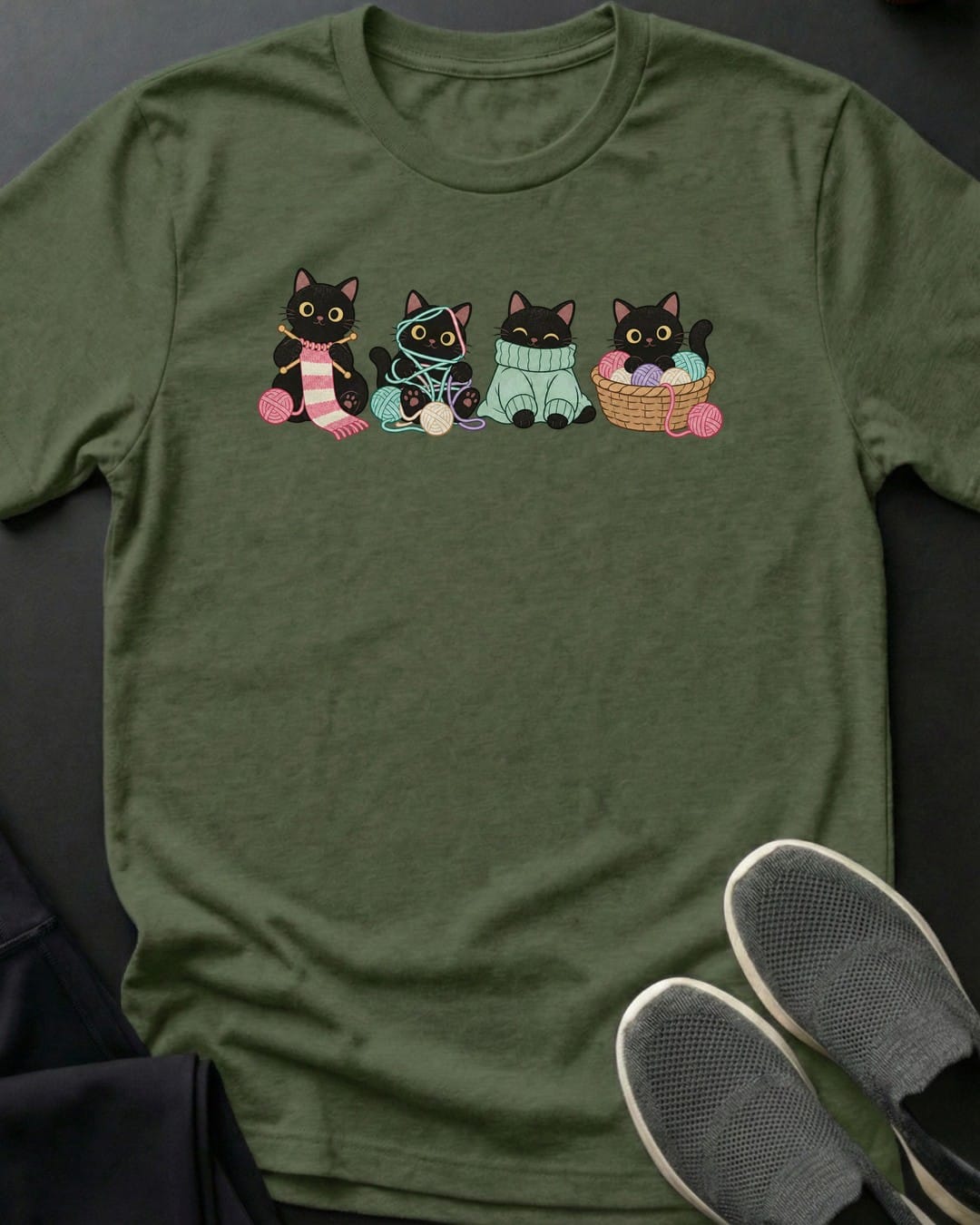 Knitting Cats Tee in Military Green