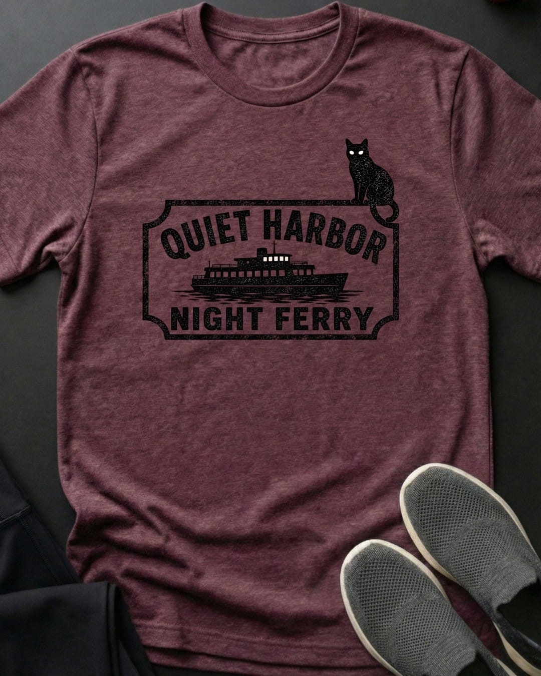 Quiet Harbor Night Ferry Tee in Heather Maroon
