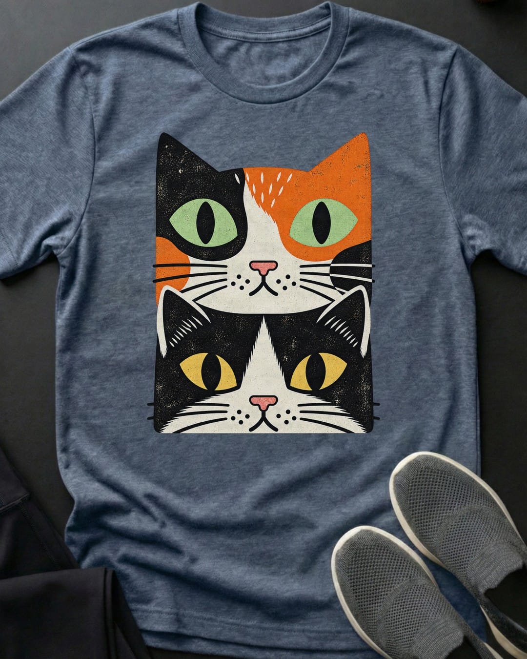Calico & Tuxedo Stack Tee in Heather Indigo
