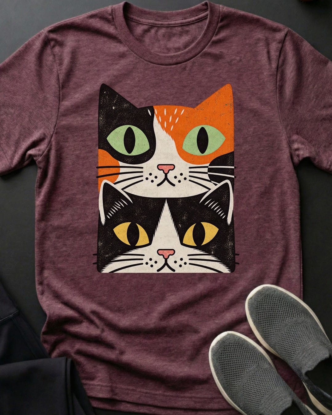 Calico & Tuxedo Stack Tee in Heather Maroon