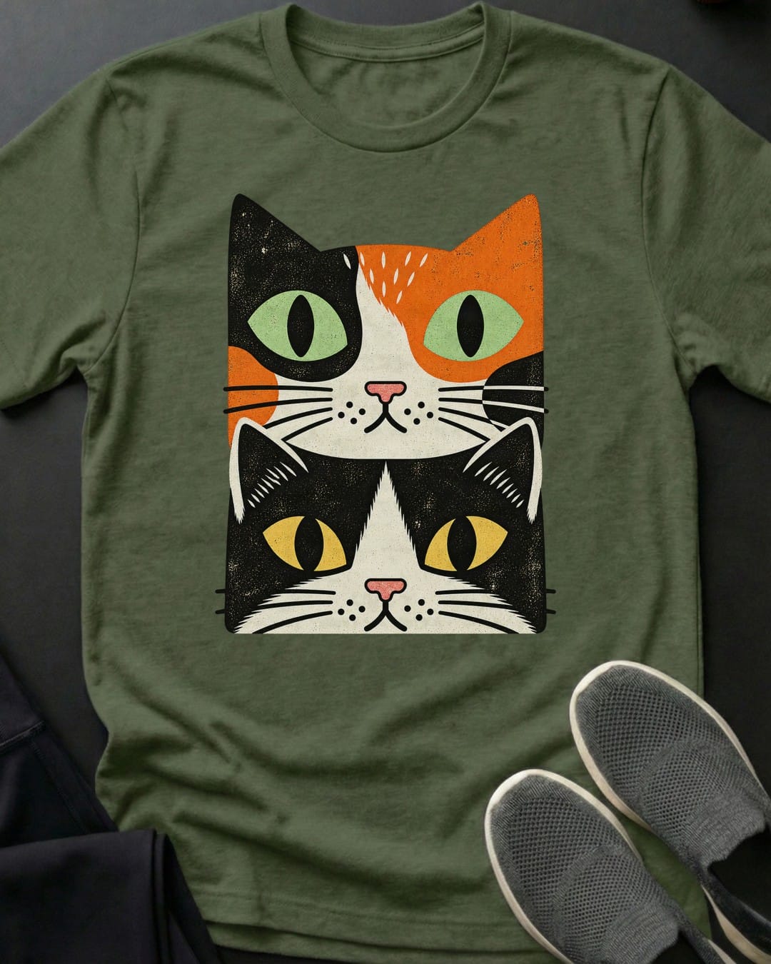 Calico & Tuxedo Stack Tee in Military Green