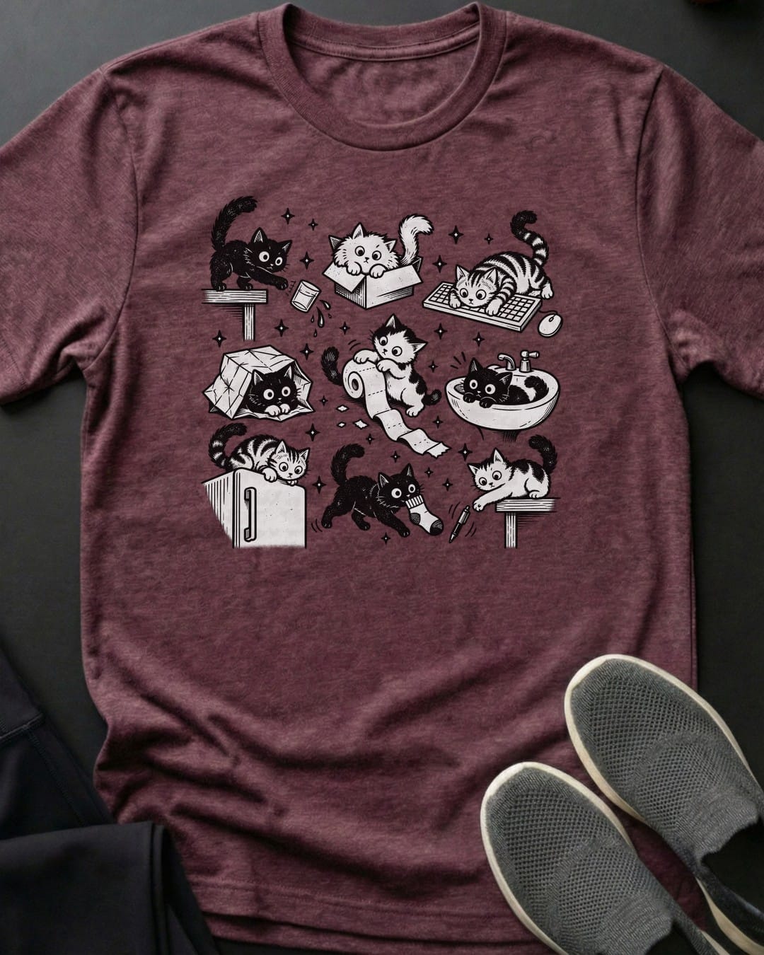 Mischief Kittens Tee in Heather Maroon