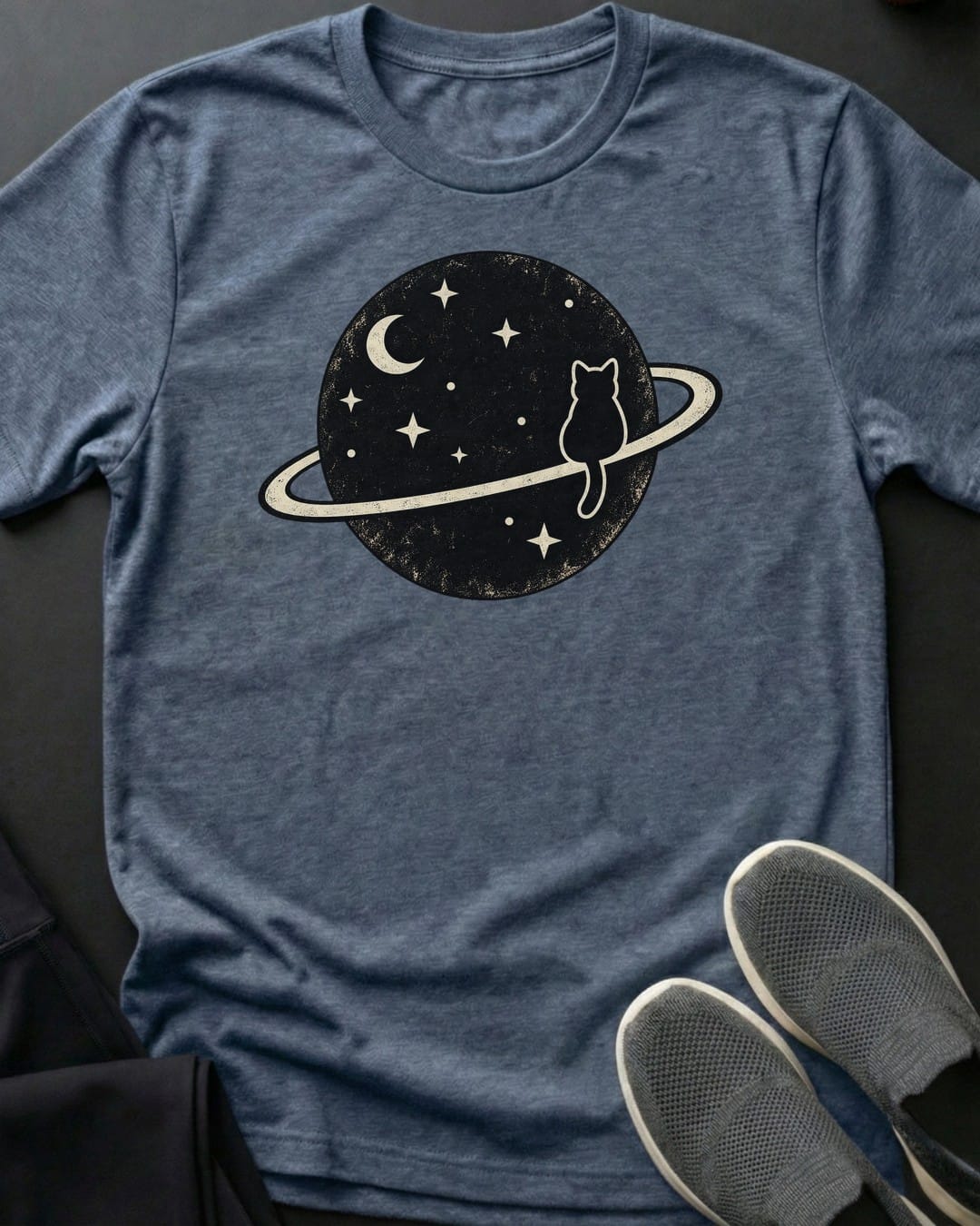 Saturn Ring Cat Tee in Heather Indigo