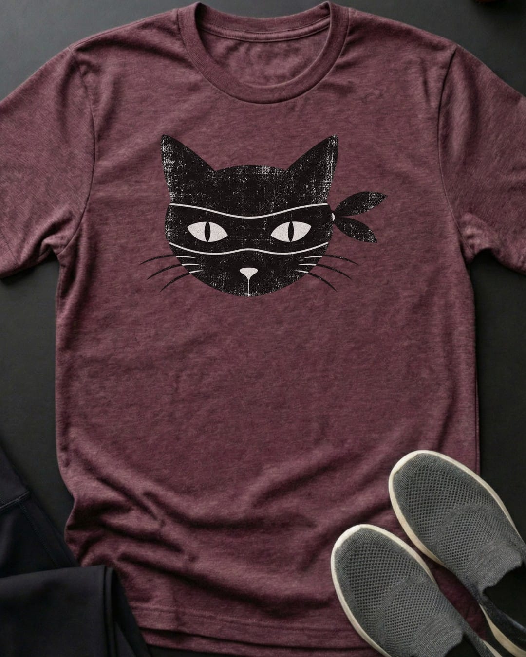 Masked Bandit Cat Tee in Heather Maroon