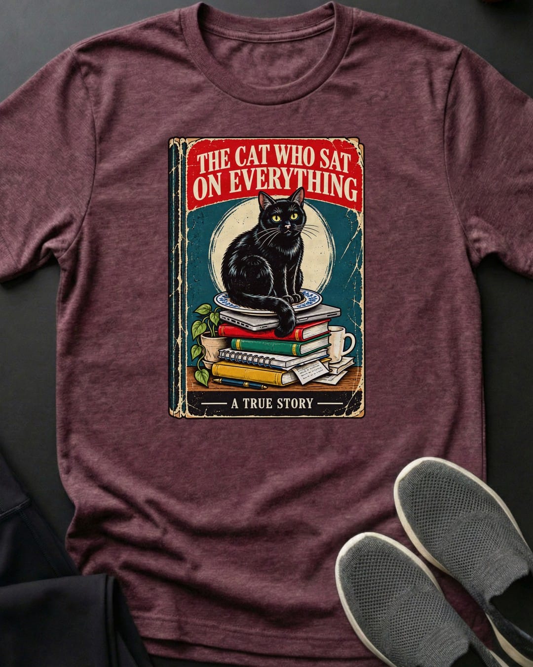 The Cat Who Sat On Everything Tee in Heather Maroon