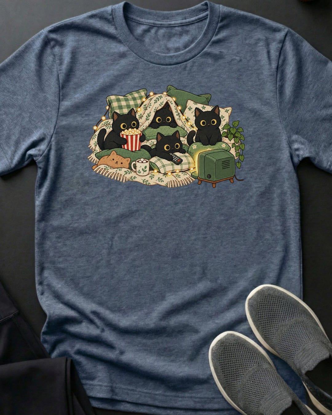 Movie Night Cats Tee in Heather Indigo