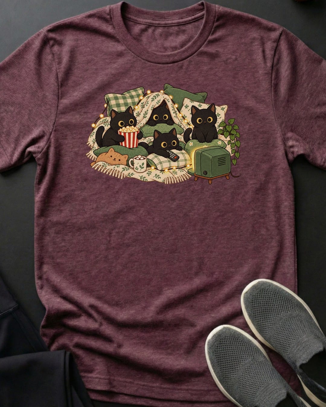 Movie Night Cats Tee in Heather Maroon