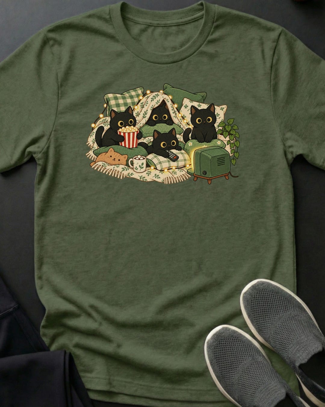 Movie Night Cats Tee in Military Green