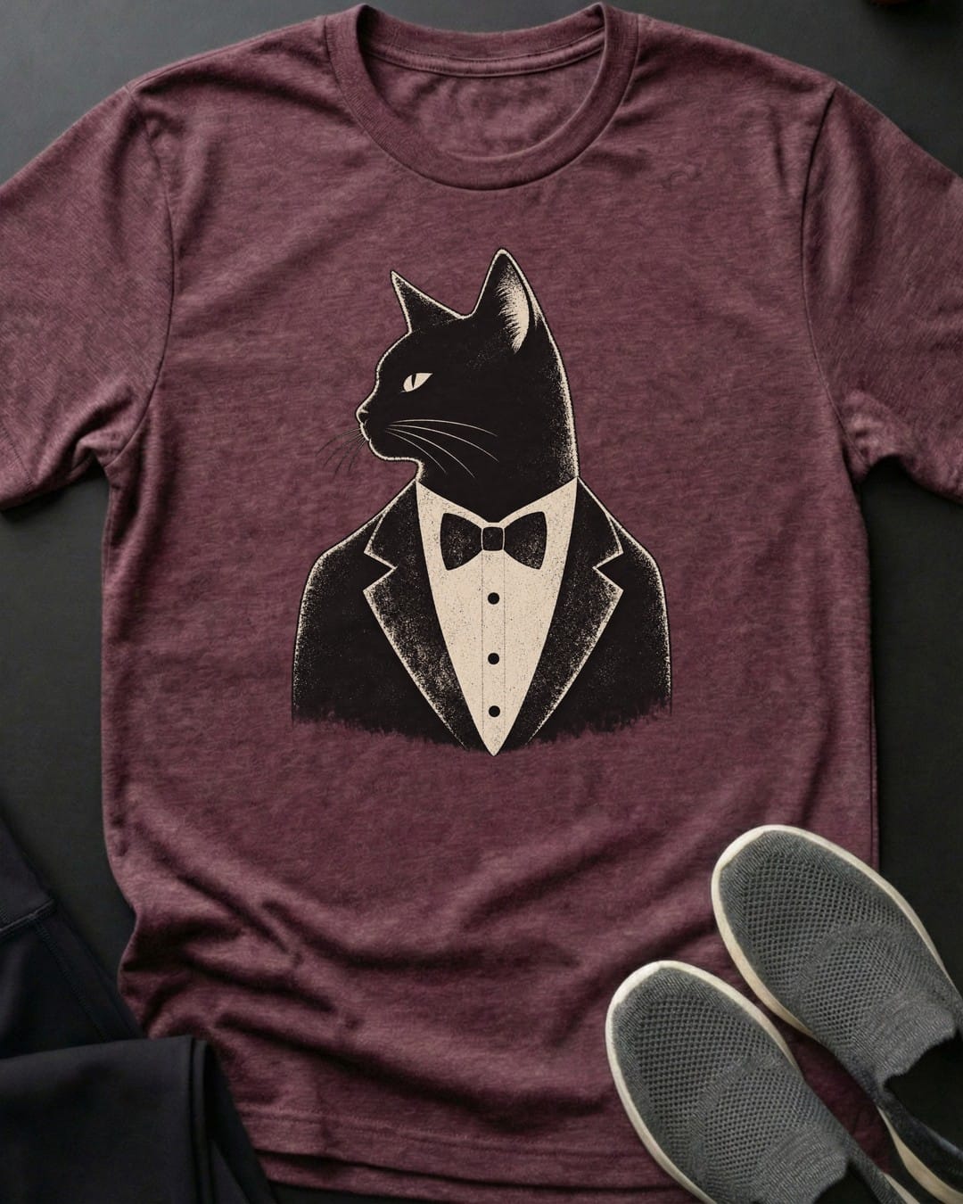 Dapper Cat Tee in Heather Maroon