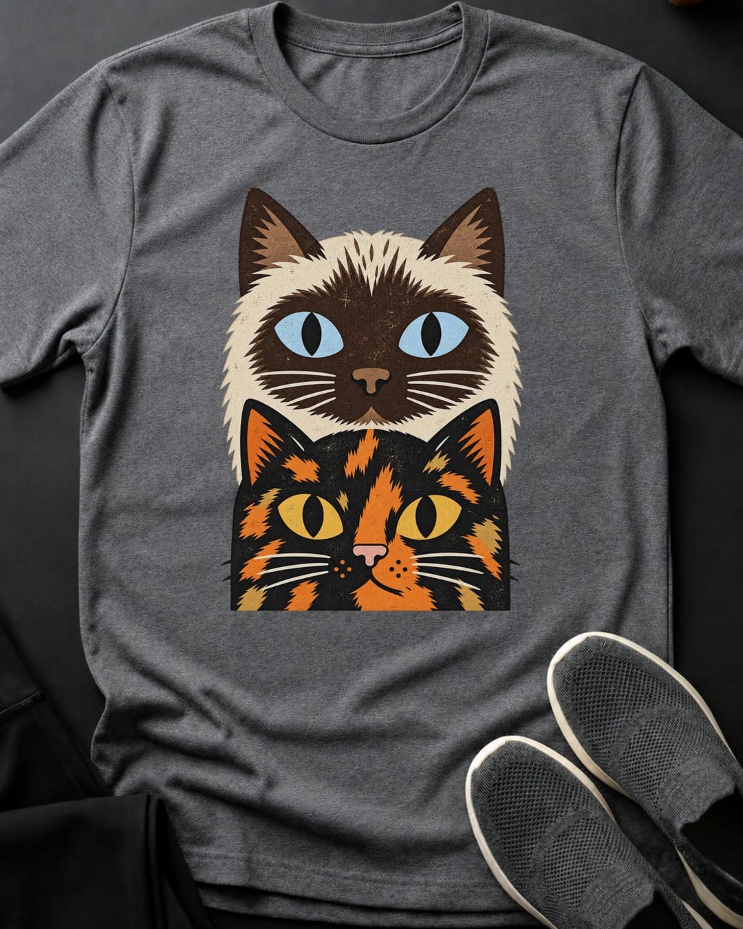 Siamese & Tortie Stack Tee in Graphite Heather