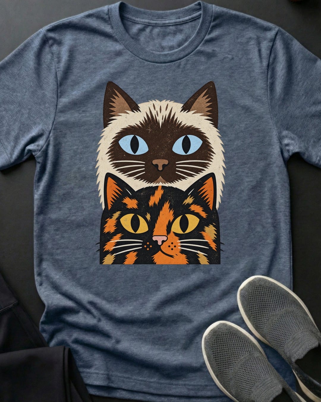 Siamese & Tortie Stack Tee in Heather Indigo