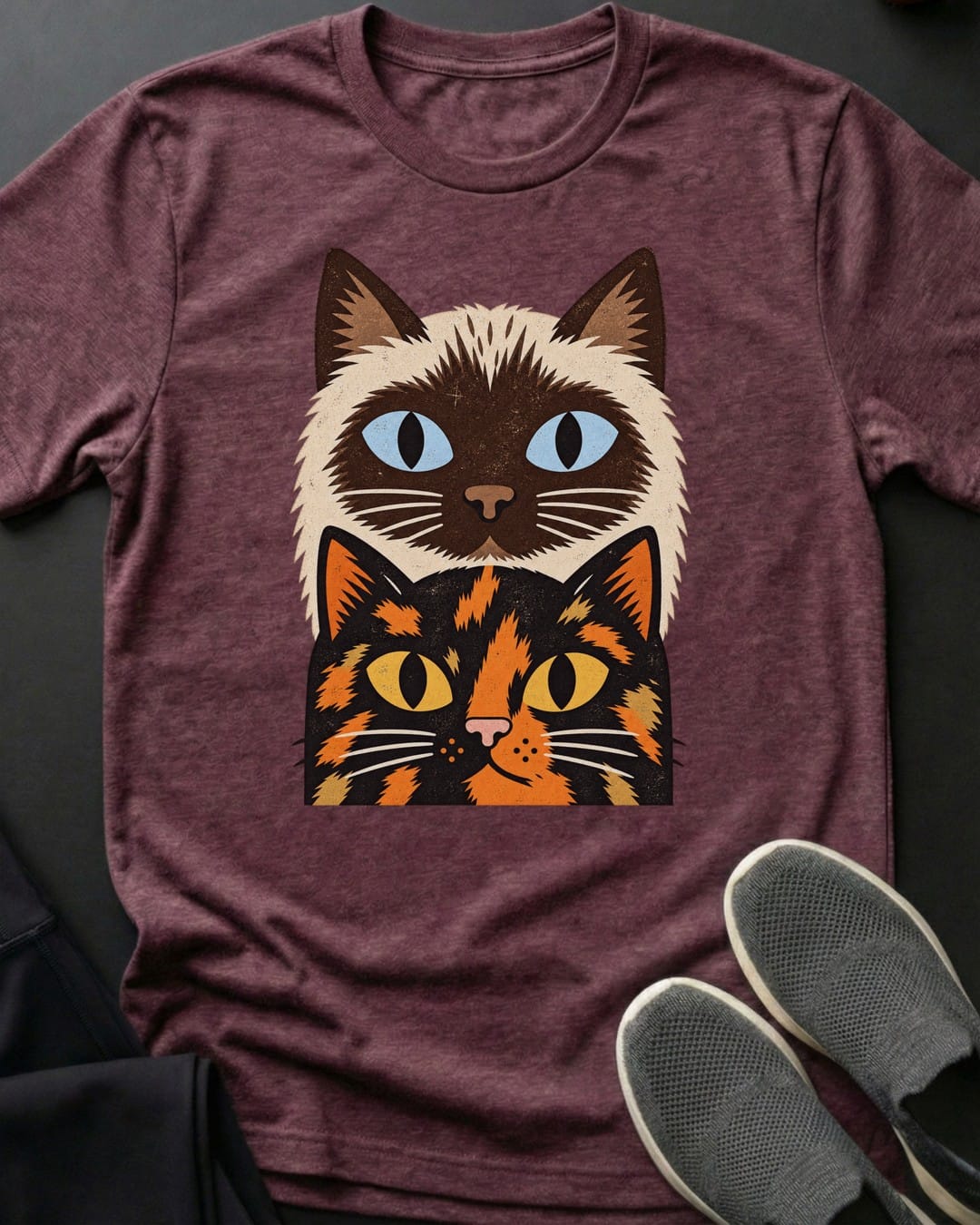 Siamese & Tortie Stack Tee in Heather Maroon