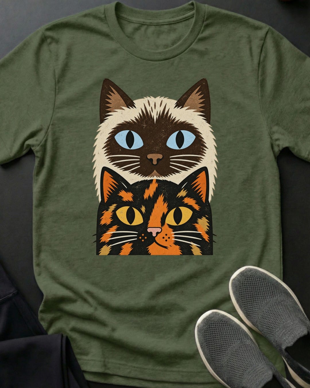 Siamese & Tortie Stack Tee in Military Green