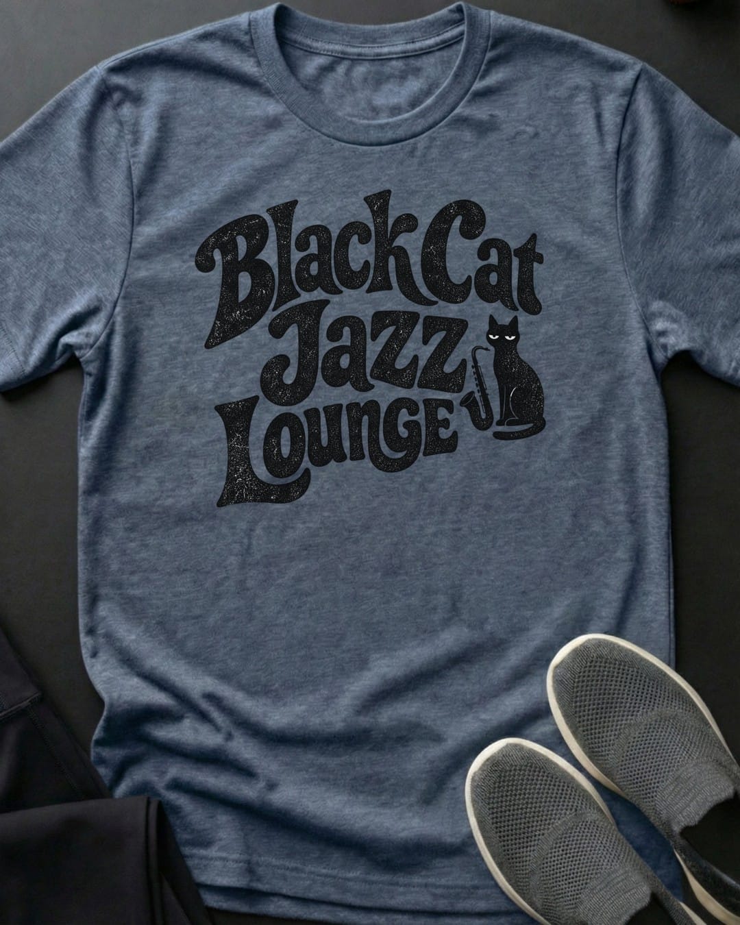 Black Cat Jazz Lounge Tee in Heather Indigo