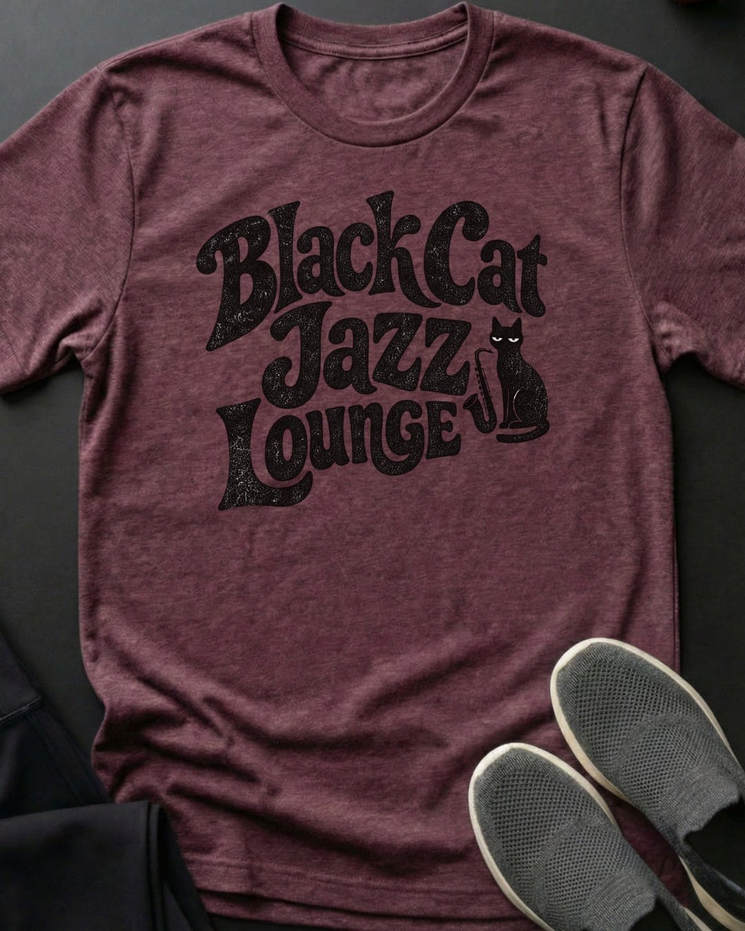 Black Cat Jazz Lounge Tee in Heather Maroon