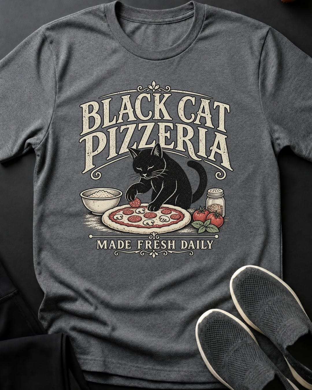 Black Cat Pizzeria Tee in Graphite Heather