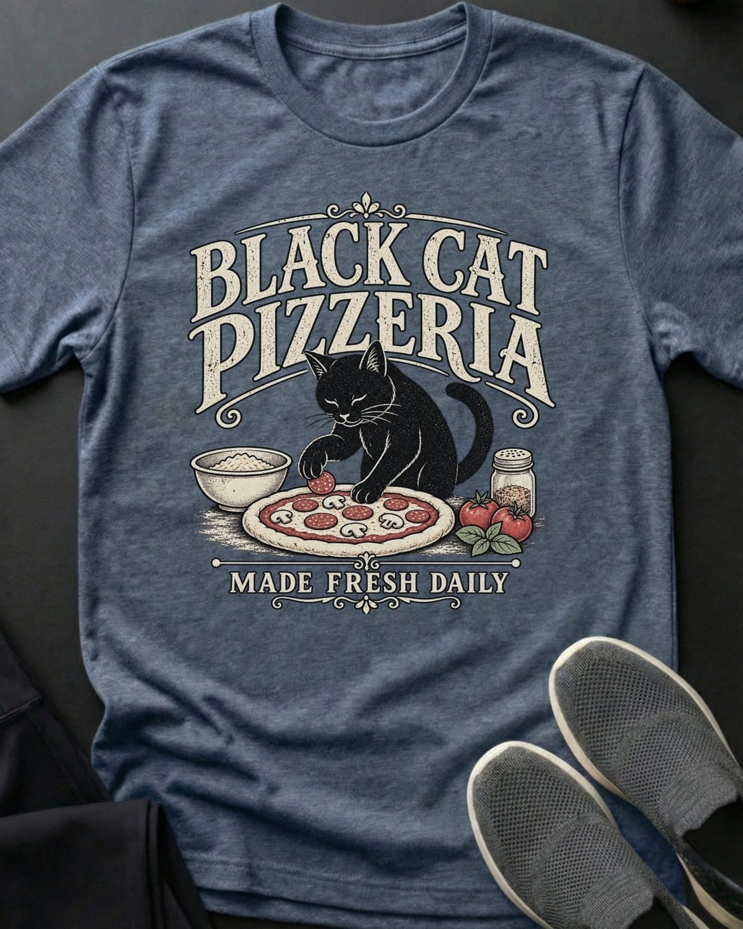 Black Cat Pizzeria Tee in Heather Indigo