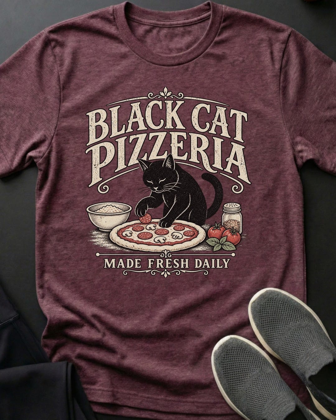 Black Cat Pizzeria Tee in Heather Maroon