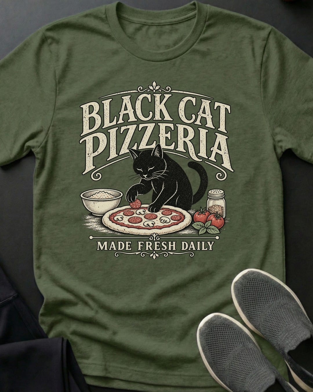 Black Cat Pizzeria Tee in Military Green