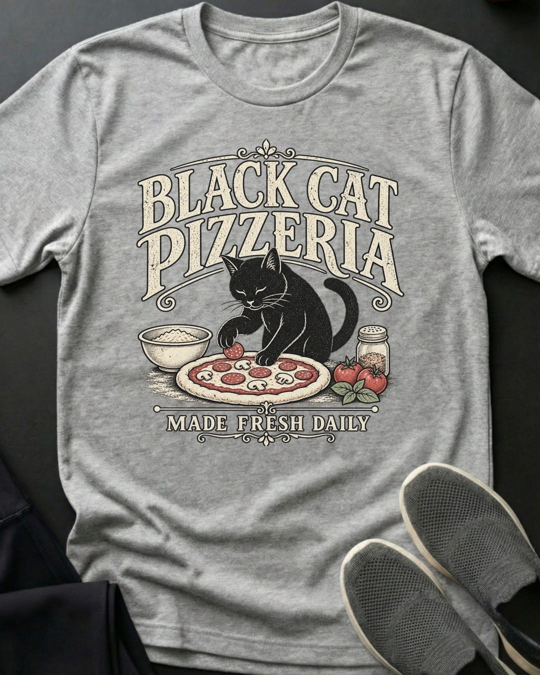 Black Cat Pizzeria Tee in Sport Grey