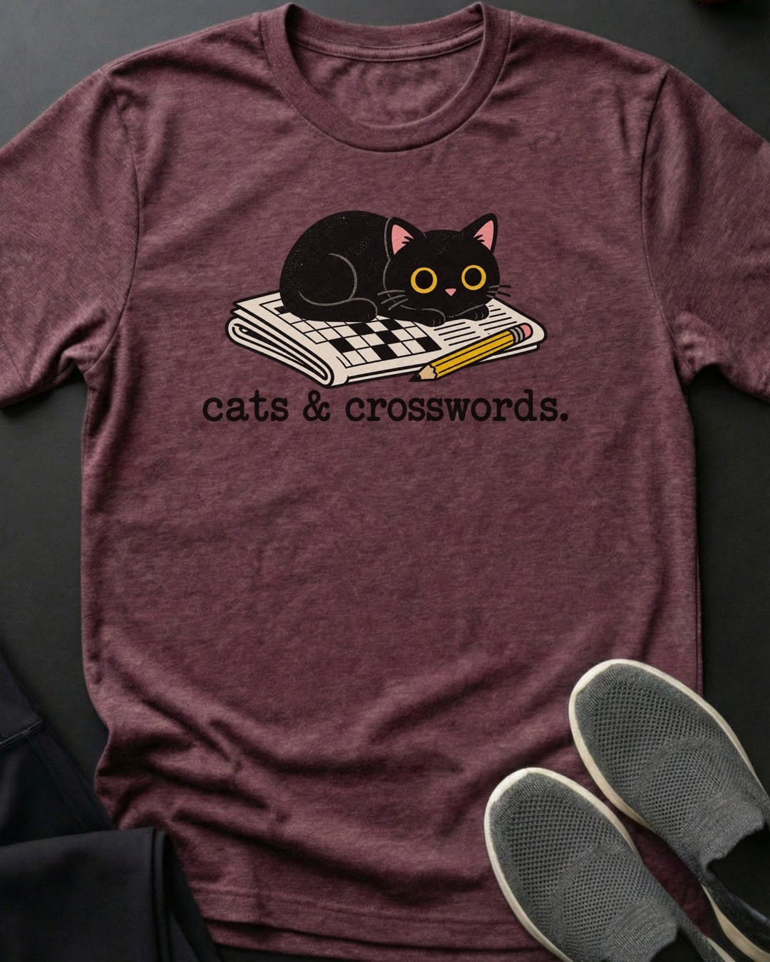 Cats & Crosswords Tee in Heather Maroon
