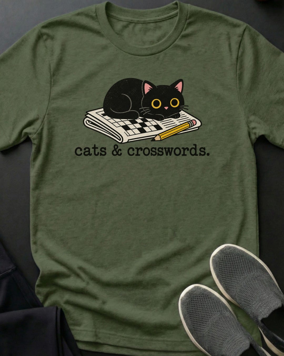 Cats & Crosswords Tee in Military Green