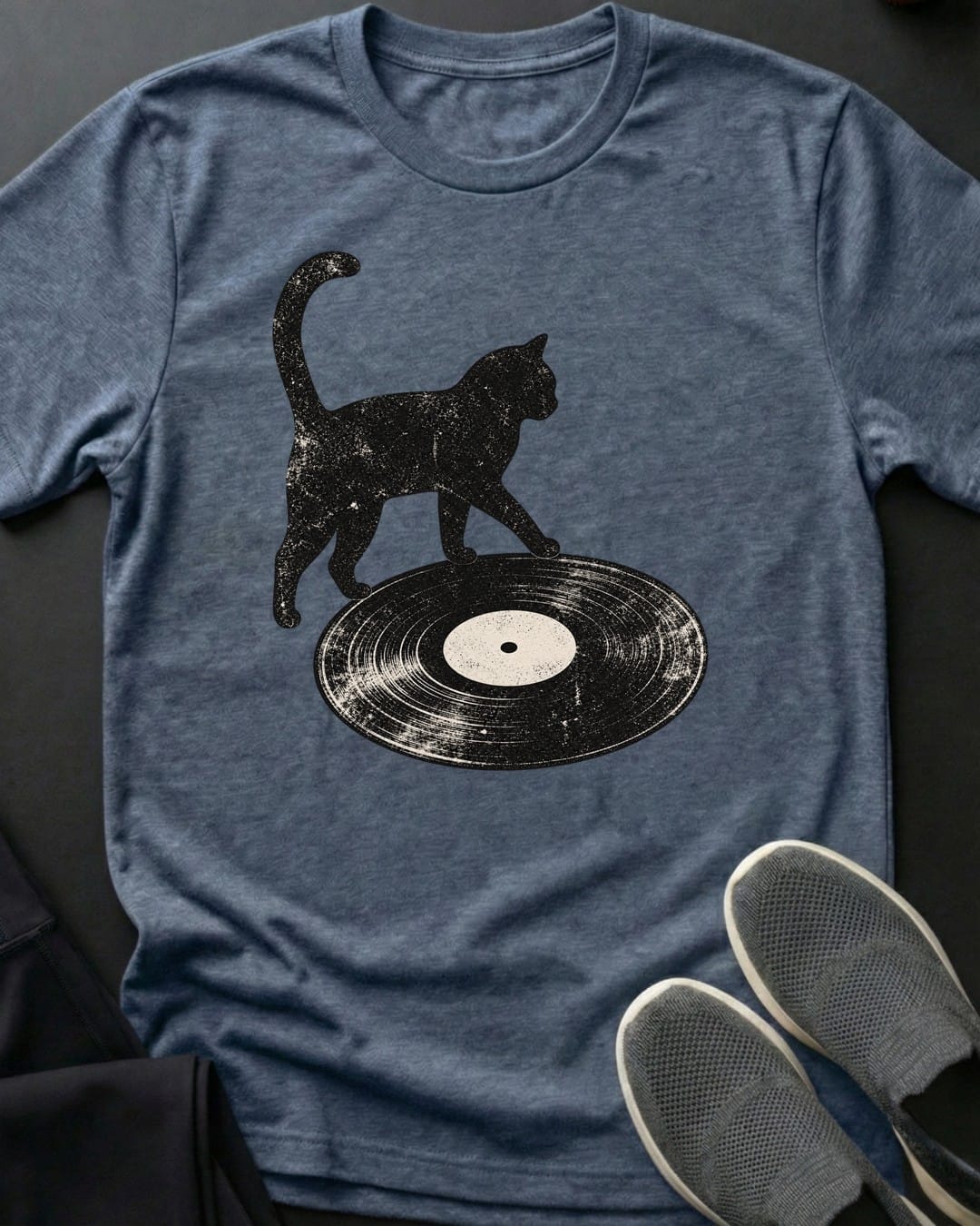Vinyl Cat Tee in Heather Indigo