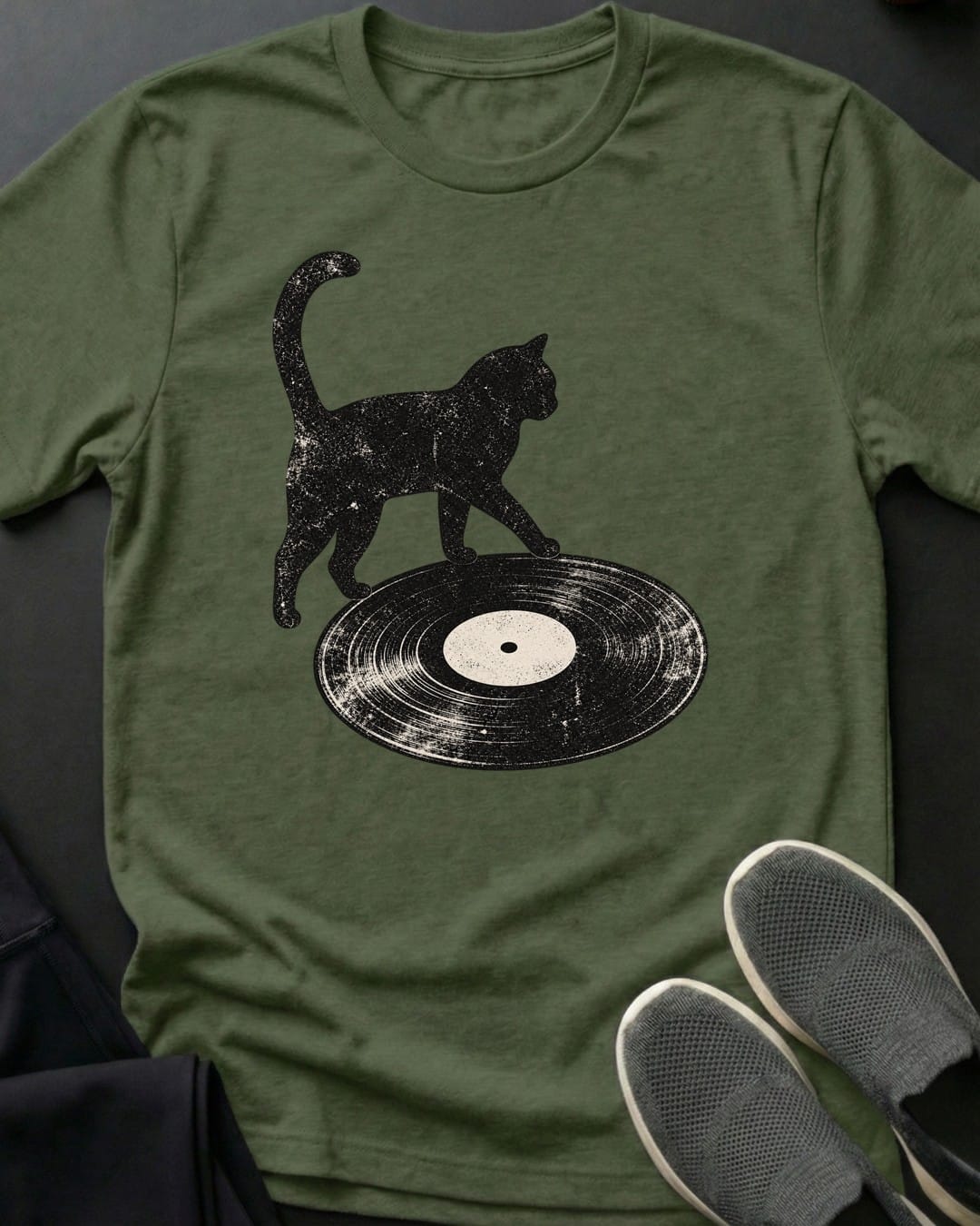 Vinyl Cat Tee in Military Green