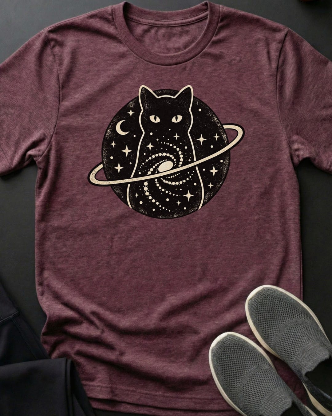 Galaxy Cat Planet Tee in Heather Maroon