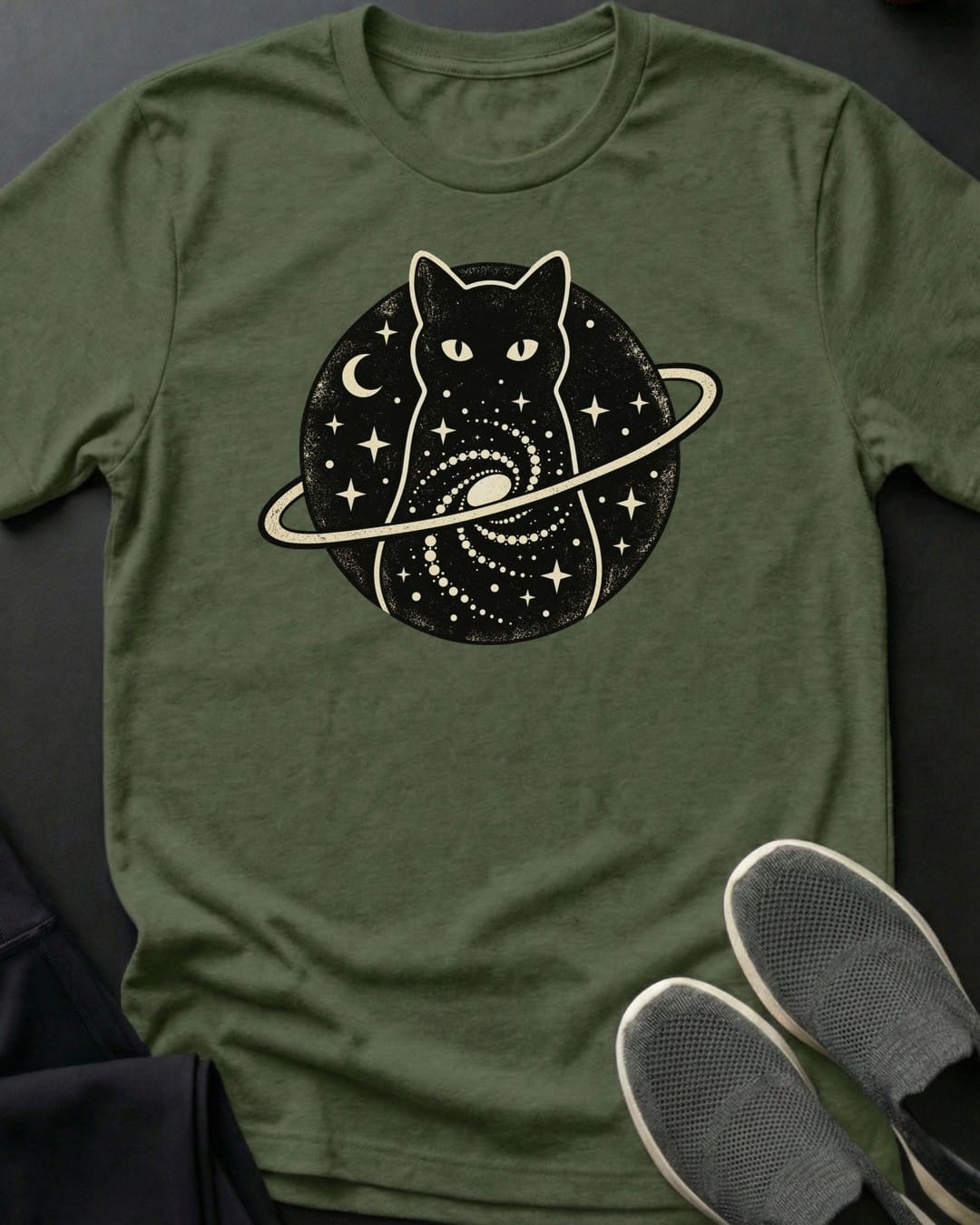 Galaxy Cat Planet Tee in Military Green