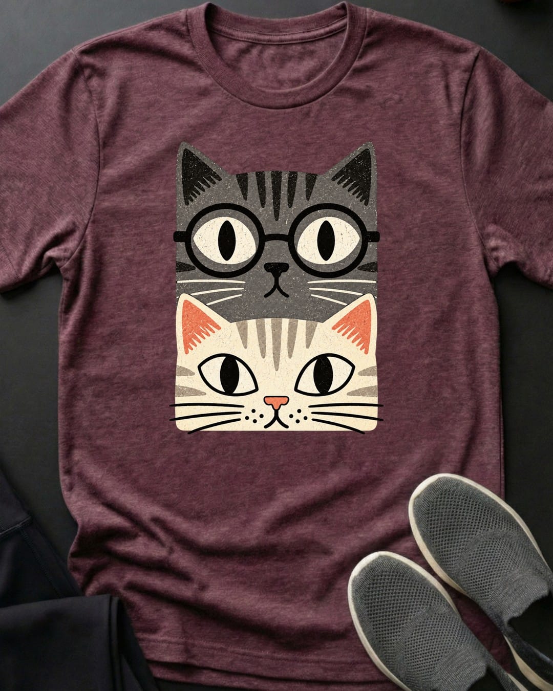 Two Tabby Stack Tee in Heather Maroon