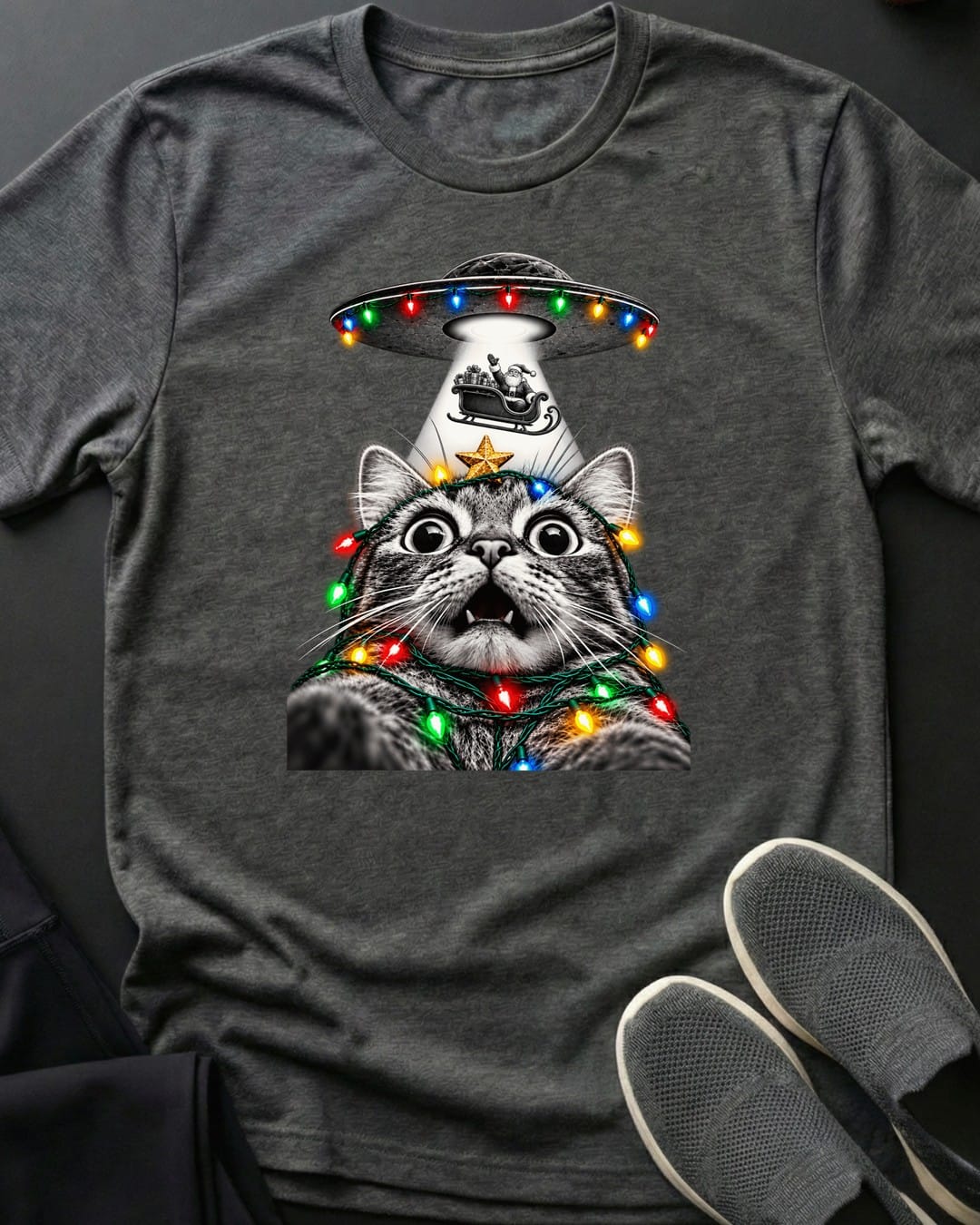 Santa Got Beamed Tee in Dark Heather