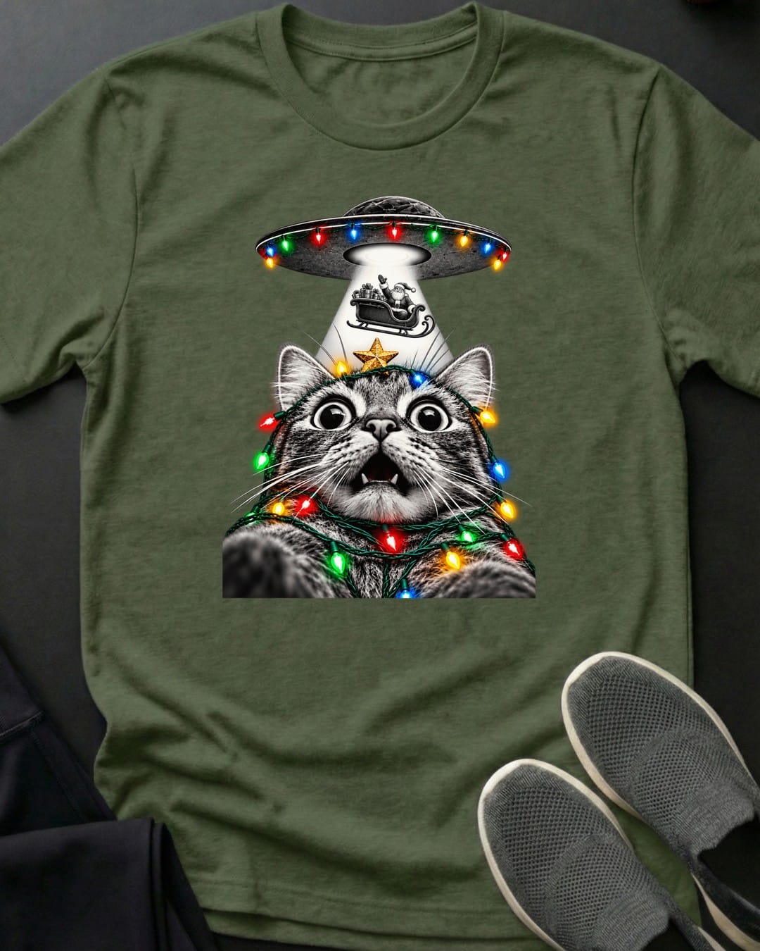 Santa Got Beamed Tee in Military Green