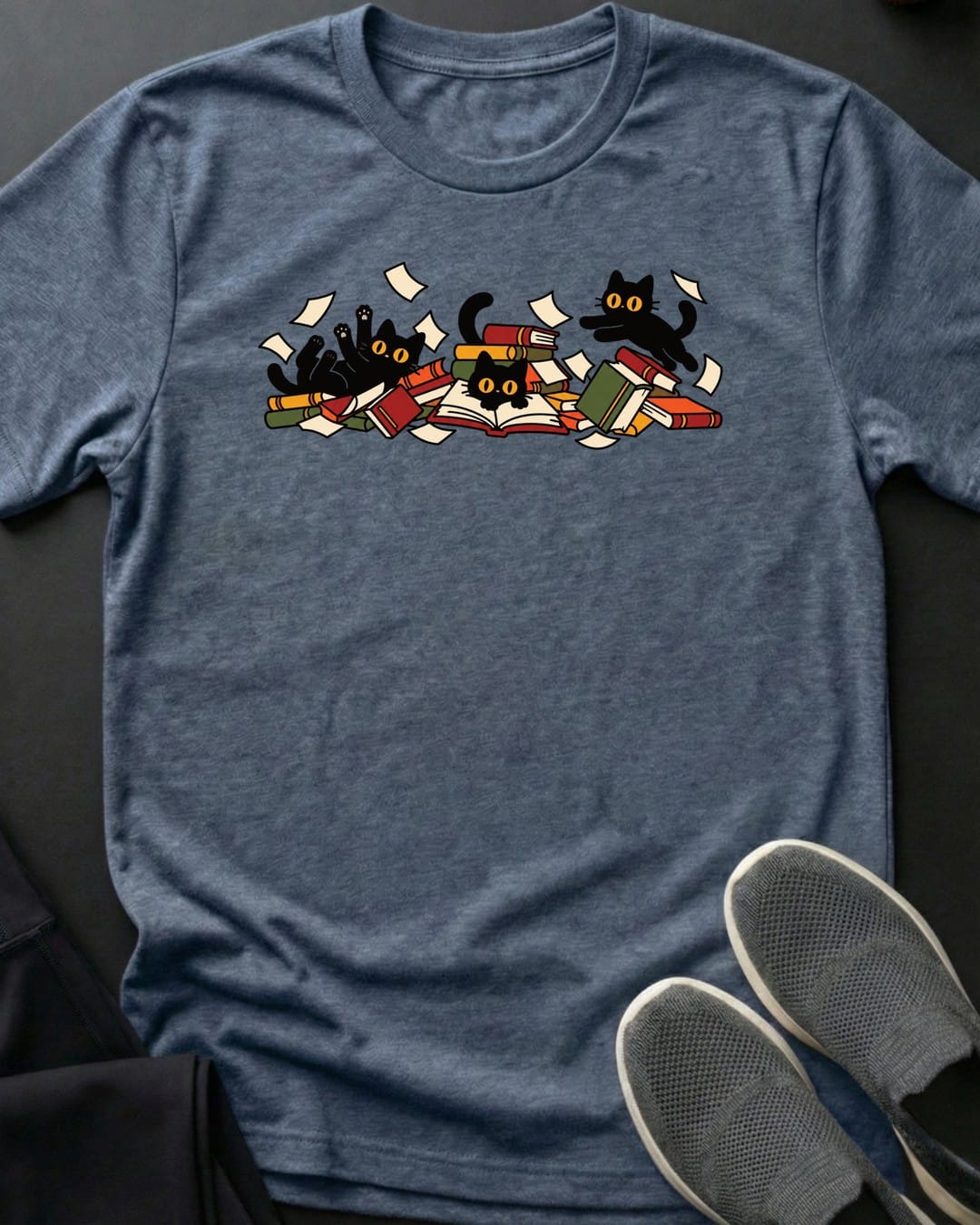 Book Pile Zoomies Tee in Heather Indigo