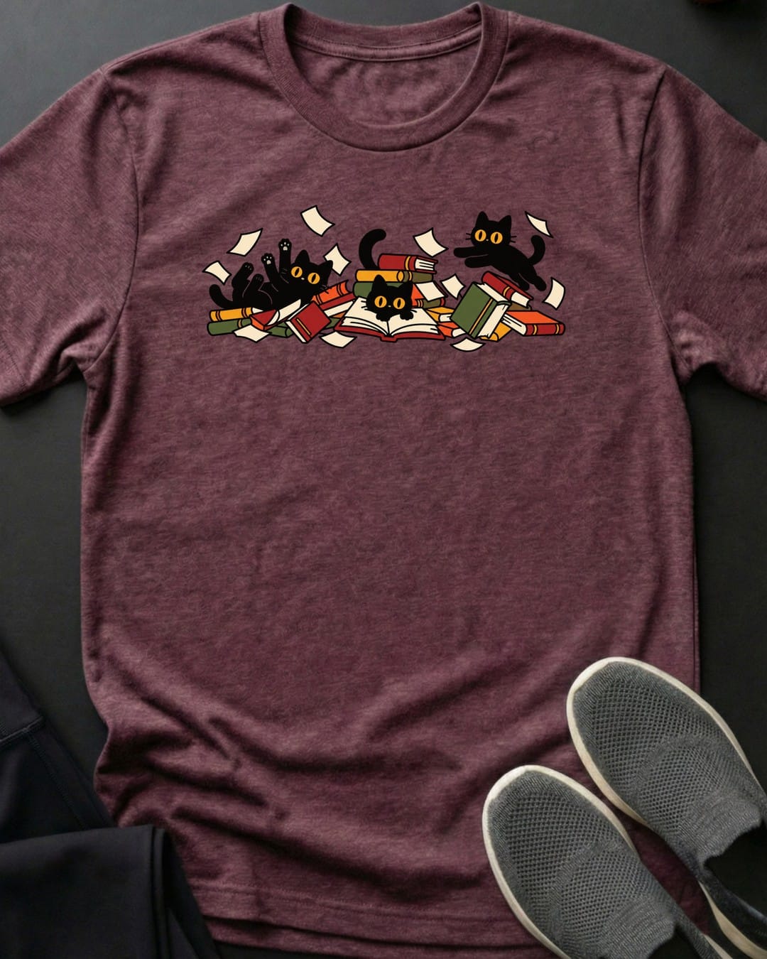 Book Pile Zoomies Tee in Heather Maroon