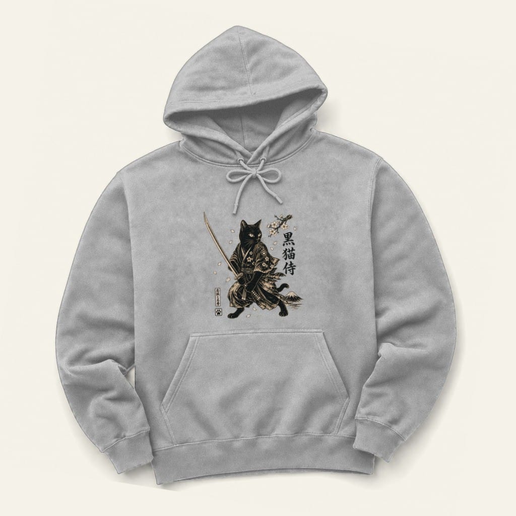 Black Cat Samurai Hoodie in Sport Grey
