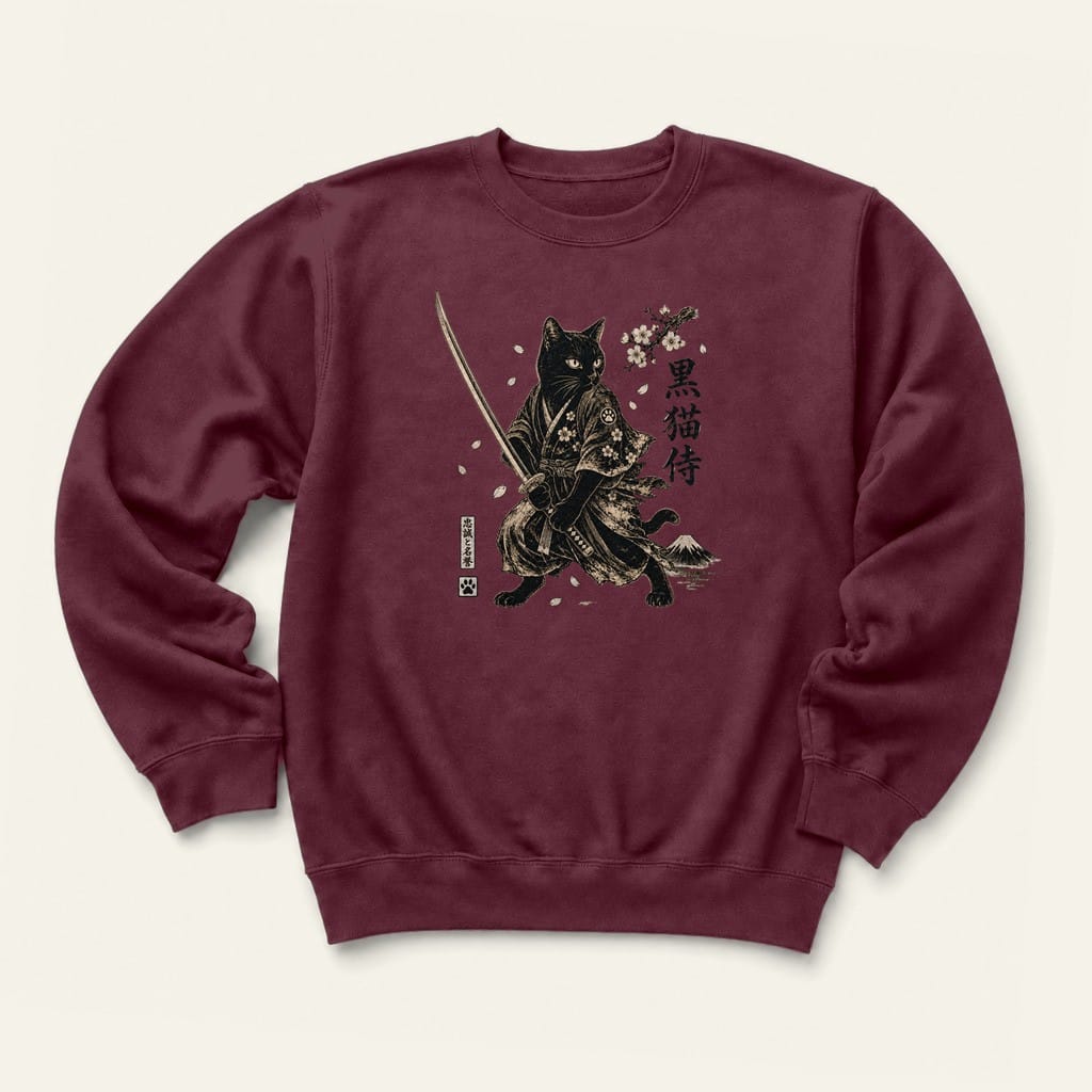 Black Cat Samurai Sweatshirt in Maroon