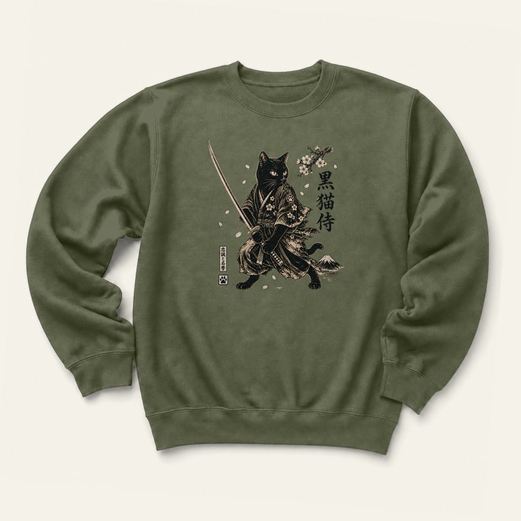 Black Cat Samurai Sweatshirt in Military Green