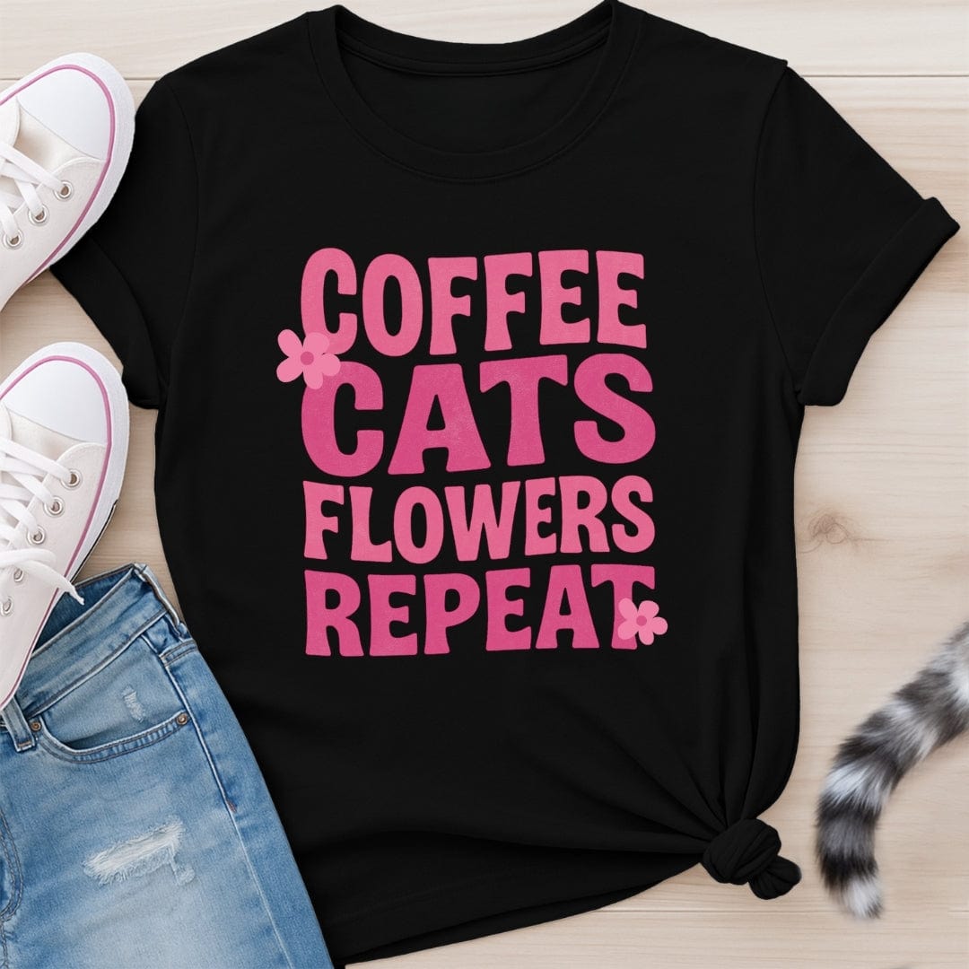 COFFEE CATS FLOWERS T-SHIRT