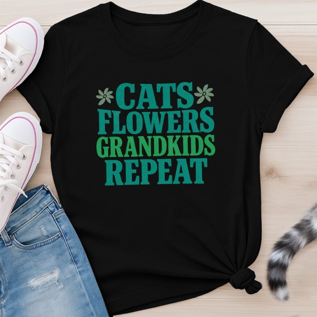 CATS FLOWERS GRANDKIDS REPEAT T-SHIRT