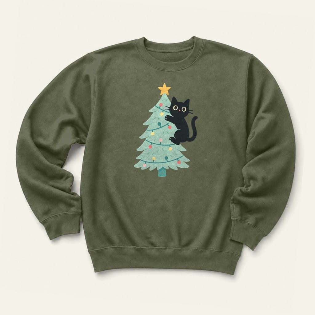 Christmas Kitty Sweatshirt in Military Green