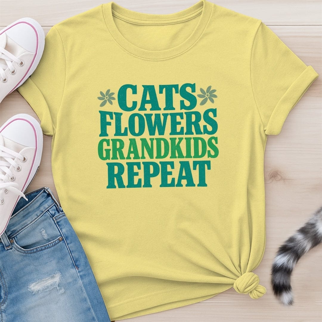 CATS FLOWERS GRANDKIDS REPEAT T-SHIRT