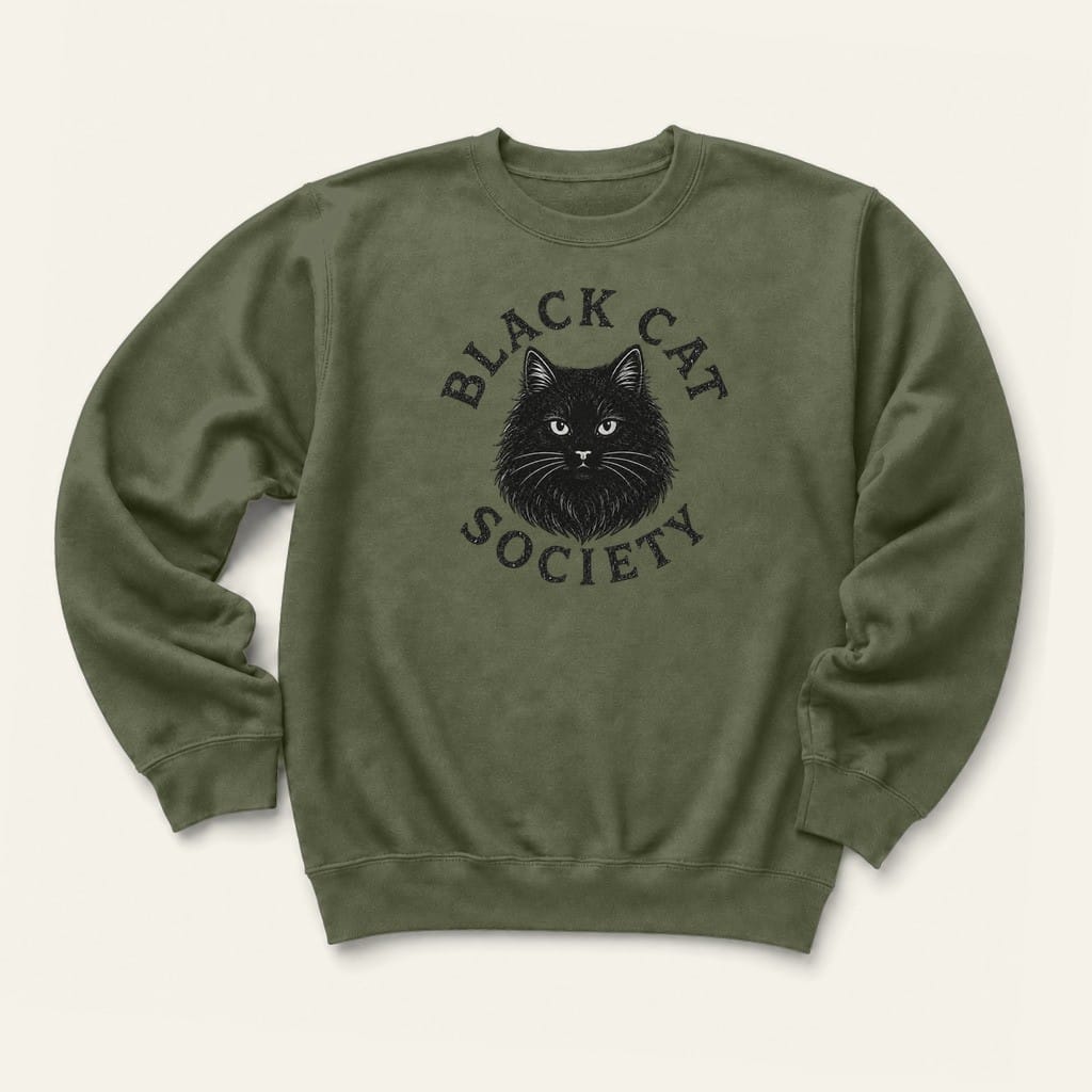 Fluffy Black Cat Society Sweatshirt in Military Green