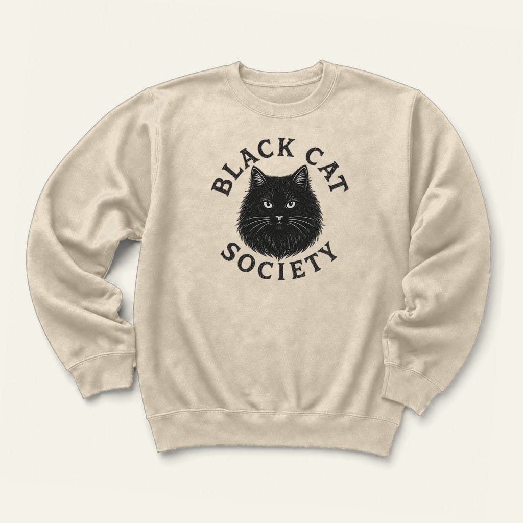 Fluffy Black Cat Society Sweatshirt in Sand
