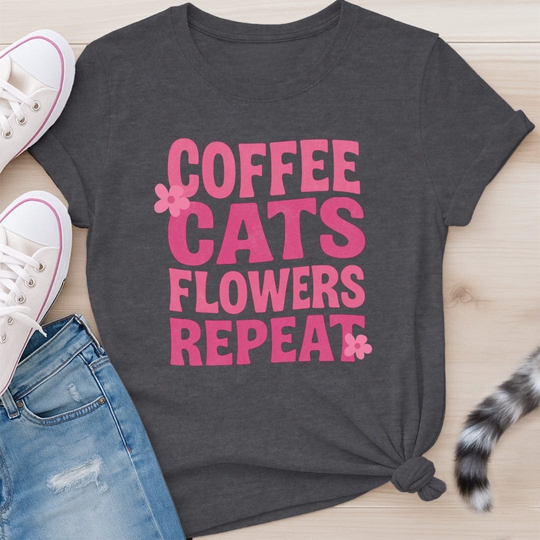 COFFEE CATS FLOWERS T-SHIRT